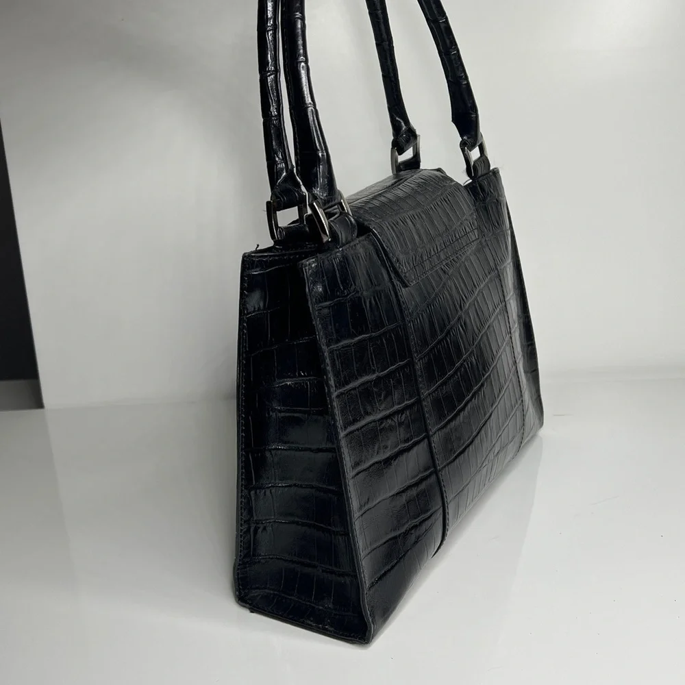 Bloomingdale’s Black Croc Embossed Leather Double Compartment Handbag
